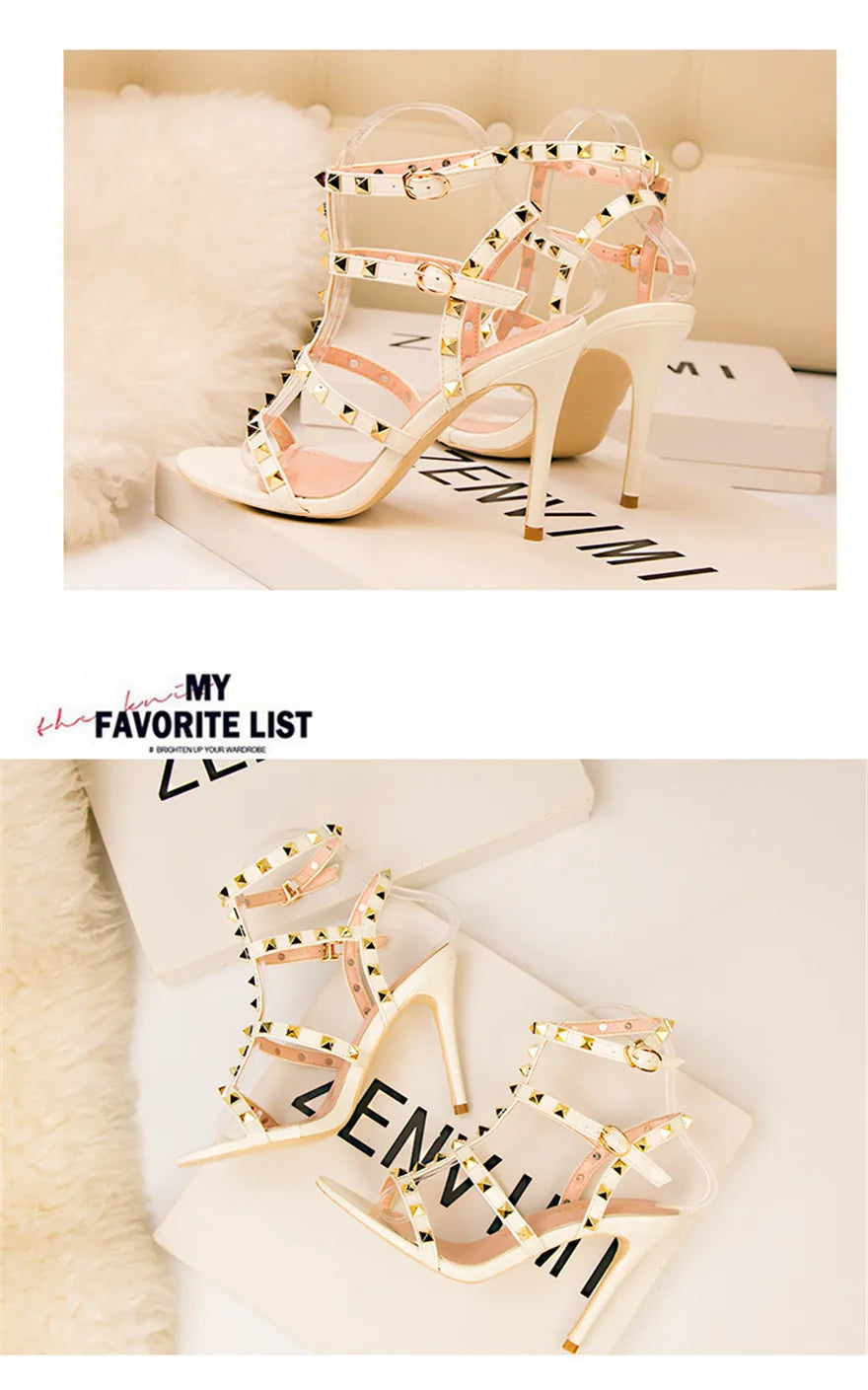 Rome Rivet Double Buckle Women Sandals Open Toe Fashion High Heels Cut-Outs Party Shoes Female Red Wedding Patent Leather Sandal