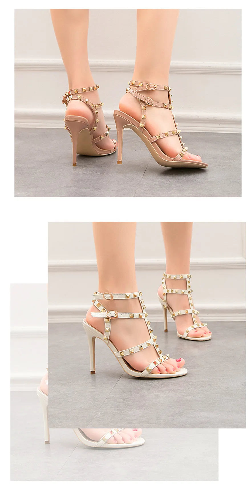 Rome Rivet Double Buckle Women Sandals Open Toe Fashion High Heels Cut-Outs Party Shoes Female Red Wedding Patent Leather Sandal