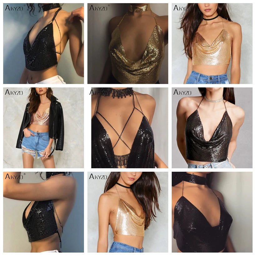 AKYZO Women 2025 Sexy Metal Sequined Tank Camis Summer Gold Silver Backless Cropped Glitter Beach Club Show Wear Tank Tops