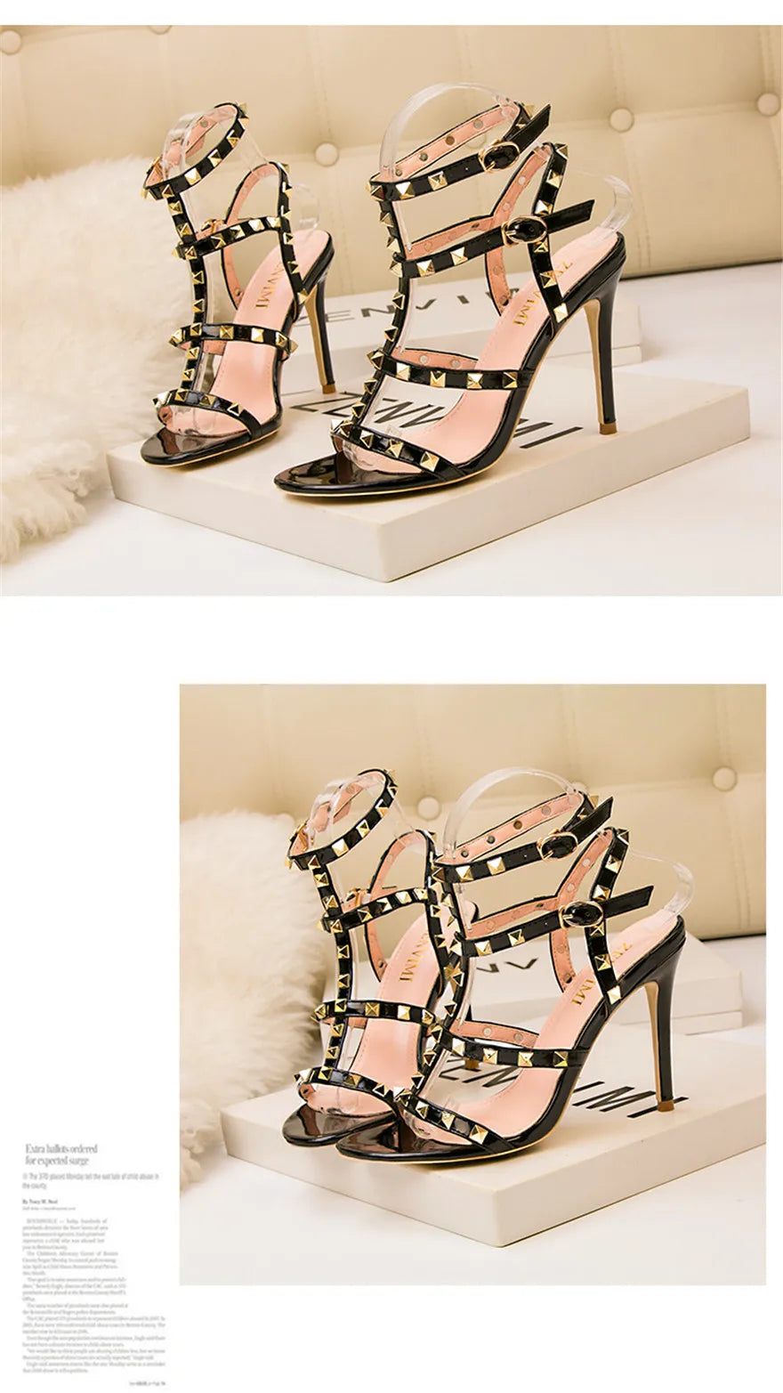 Rome Rivet Double Buckle Women Sandals Open Toe Fashion High Heels Cut-Outs Party Shoes Female Red Wedding Patent Leather Sandal