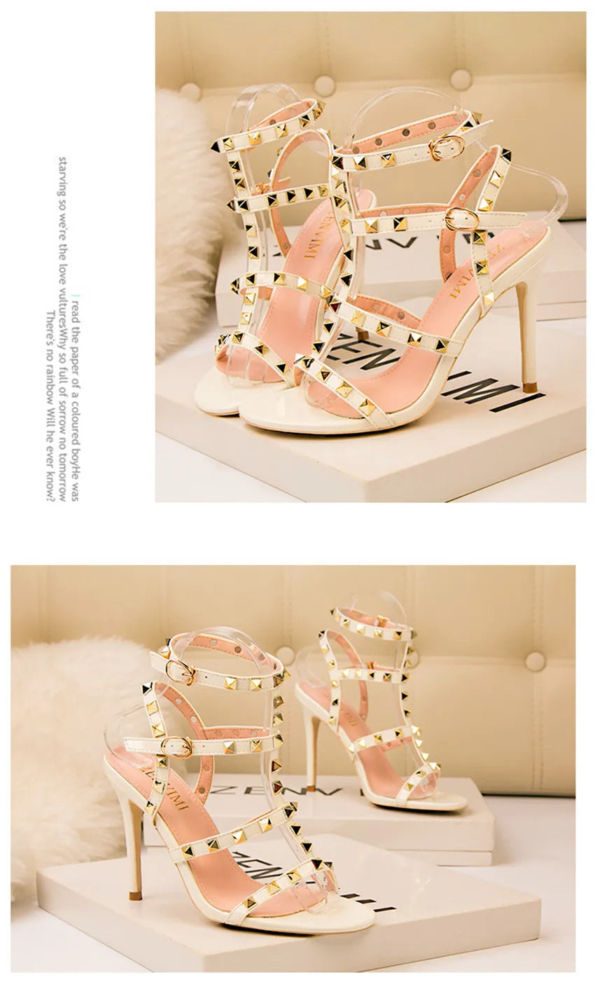 Rome Rivet Double Buckle Women Sandals Open Toe Fashion High Heels Cut-Outs Party Shoes Female Red Wedding Patent Leather Sandal