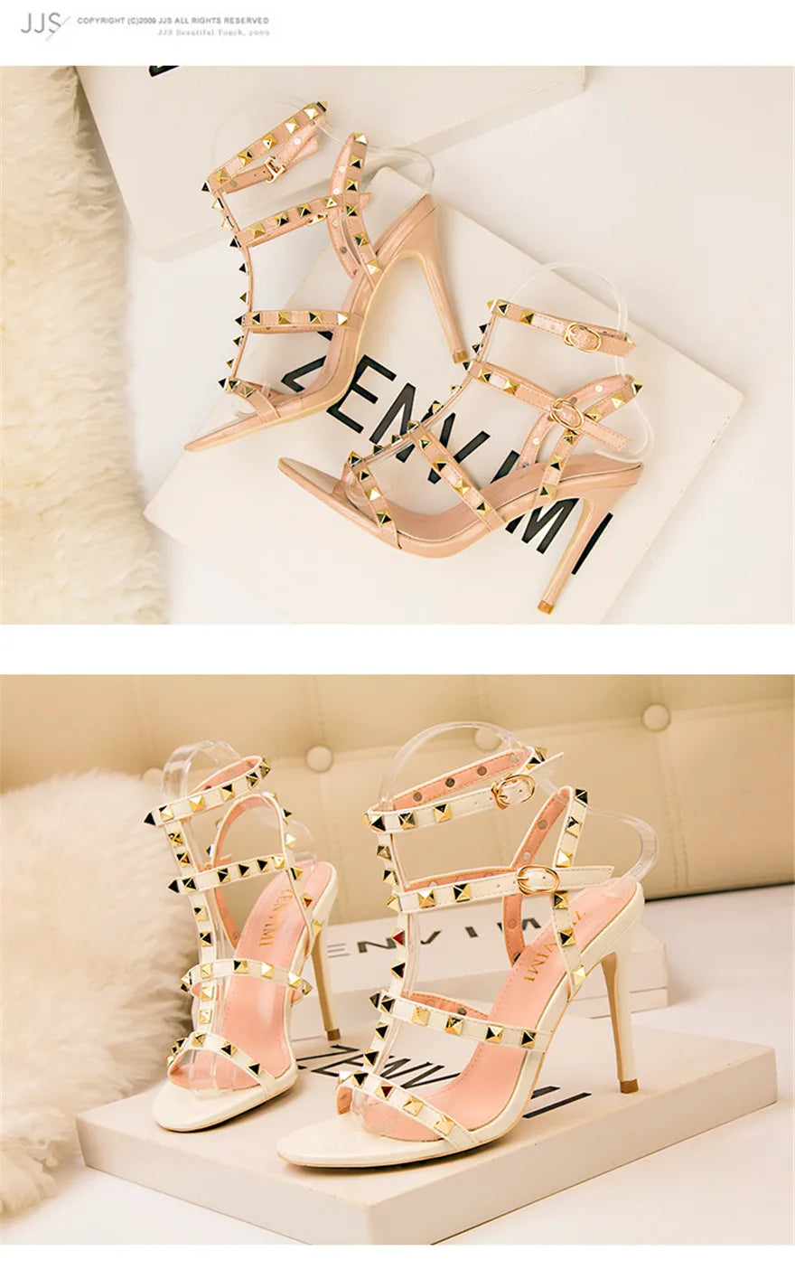 Rome Rivet Double Buckle Women Sandals Open Toe Fashion High Heels Cut-Outs Party Shoes Female Red Wedding Patent Leather Sandal