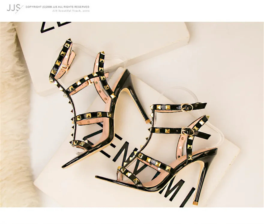 Rome Rivet Double Buckle Women Sandals Open Toe Fashion High Heels Cut-Outs Party Shoes Female Red Wedding Patent Leather Sandal