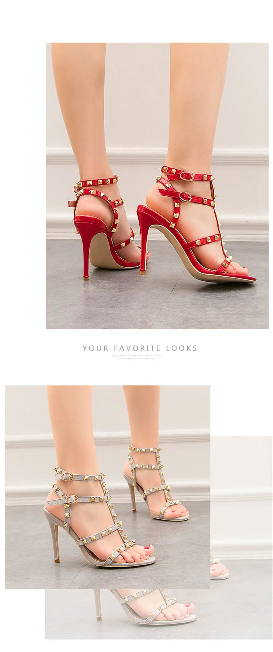 Rome Rivet Double Buckle Women Sandals Open Toe Fashion High Heels Cut-Outs Party Shoes Female Red Wedding Patent Leather Sandal