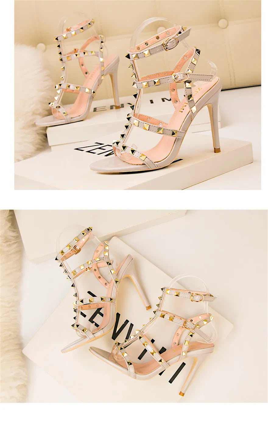 Rome Rivet Double Buckle Women Sandals Open Toe Fashion High Heels Cut-Outs Party Shoes Female Red Wedding Patent Leather Sandal