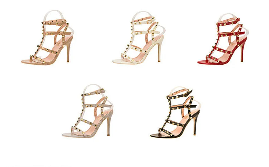 Rome Rivet Double Buckle Women Sandals Open Toe Fashion High Heels Cut-Outs Party Shoes Female Red Wedding Patent Leather Sandal