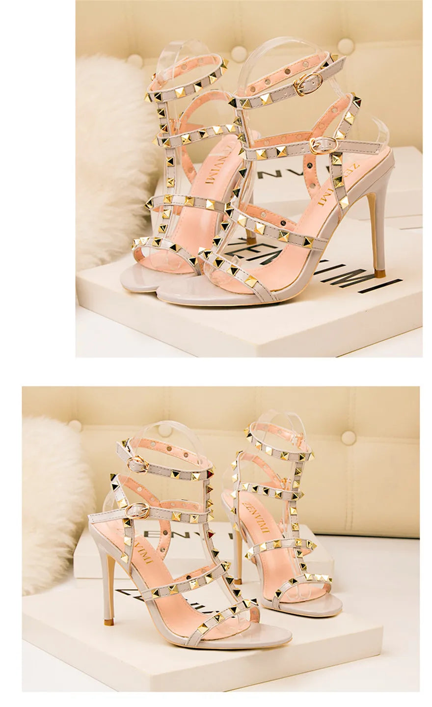 Rome Rivet Double Buckle Women Sandals Open Toe Fashion High Heels Cut-Outs Party Shoes Female Red Wedding Patent Leather Sandal