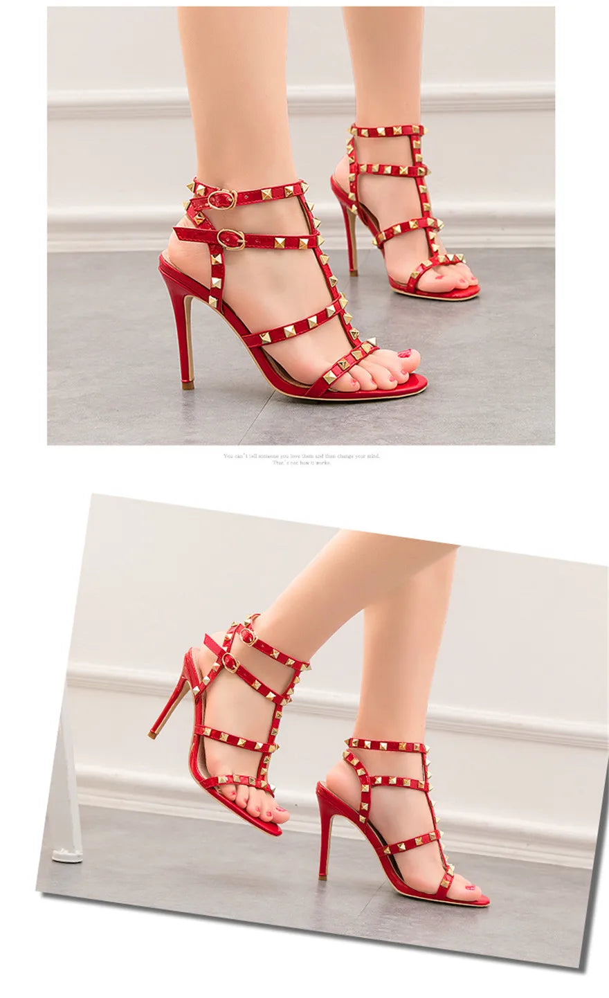 Rome Rivet Double Buckle Women Sandals Open Toe Fashion High Heels Cut-Outs Party Shoes Female Red Wedding Patent Leather Sandal