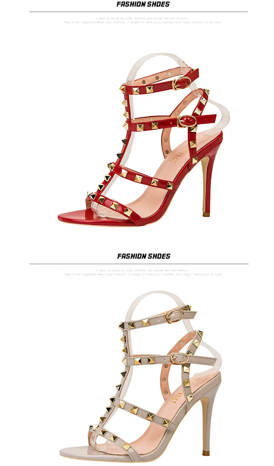 Rome Rivet Double Buckle Women Sandals Open Toe Fashion High Heels Cut-Outs Party Shoes Female Red Wedding Patent Leather Sandal