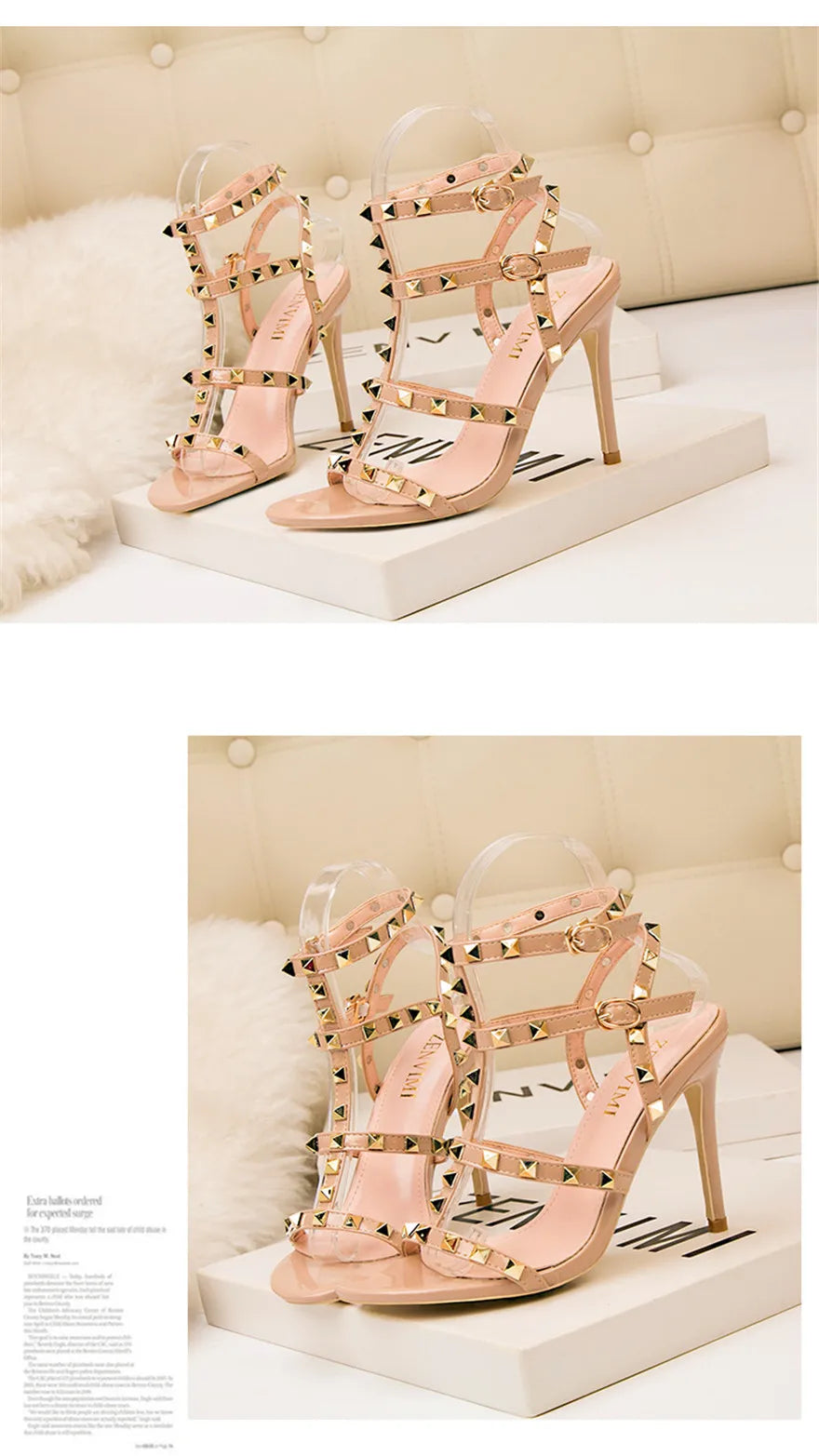 Rome Rivet Double Buckle Women Sandals Open Toe Fashion High Heels Cut-Outs Party Shoes Female Red Wedding Patent Leather Sandal