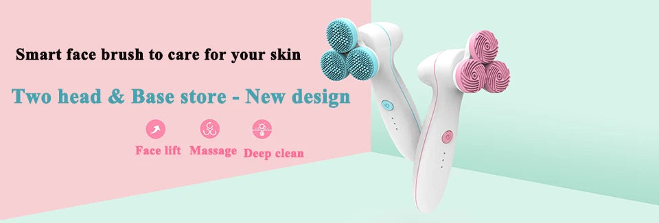 Facial Cleansing Brush Sonic Electric Face Cleanser Waterproof Soft Deep Pore Massage 3 Heads 4 Modes Blackhead Remover Machine