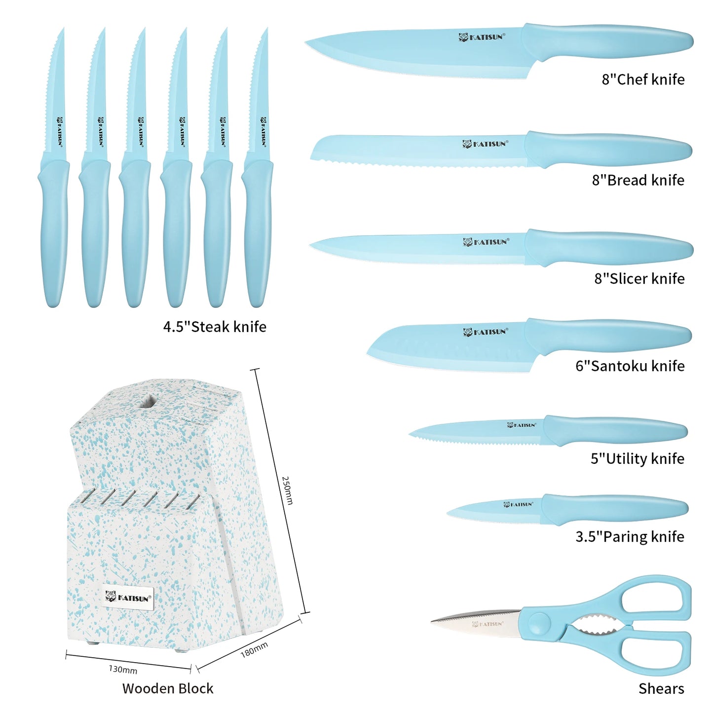 14 Pieces Blue Coding High Carbon Steel Blade, No Rust, and Super Sharp Knife Set with Wooden Stand and Kitchen Scissors