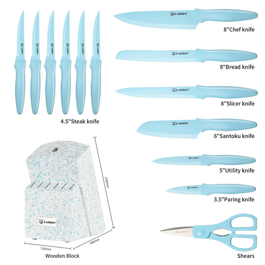 14 Pieces Blue Coding High Carbon Steel Blade, No Rust, and Super Sharp Knife Set with Wooden Stand and Kitchen Scissors