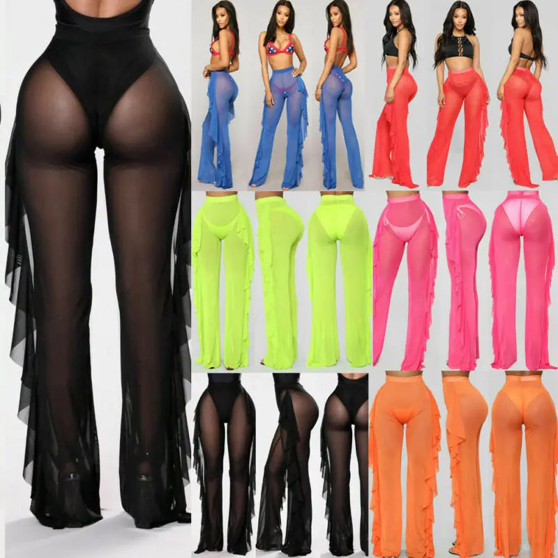 New 2020 Summer Women Beach Mesh Ruffle Sheer Wide Leg Pants Trousers Bikini Cover Up