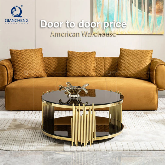 Hotel Luxury Round Shape Glass Top Coffee Table Round for Living Room Black and Gold Home Furniture Stainless Steel Tea Table