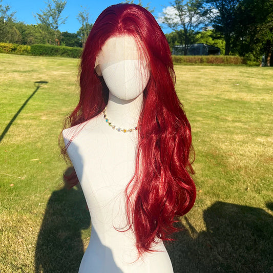 Factory Wholesale Price Natural Wine Red Lace Synthetic Heat-resistant Wavy Hair Without Bangs Wavy Wig. SM9827