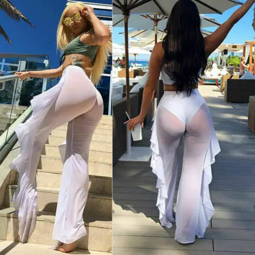 New 2020 Summer Women Beach Mesh Ruffle Sheer Wide Leg Pants Trousers Bikini Cover Up