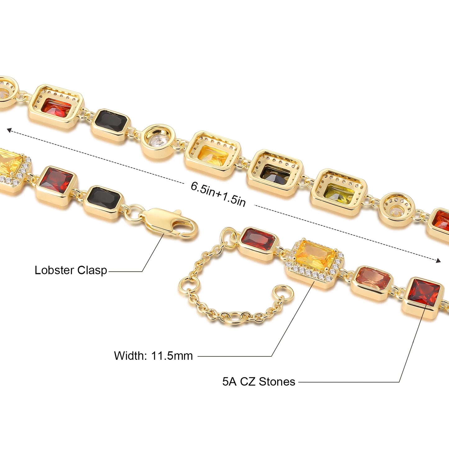 USA Warehouse 10MM Colourful Gemstone Chain 18K Gold Plated Multi Colored CZ Zirconia Jewelry Gem Stone Bracelet for Men Women