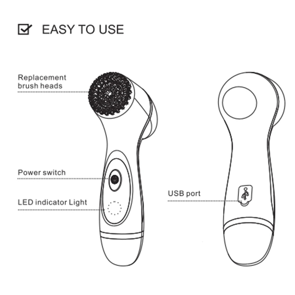 Facial Cleansing Brush Sonic Electric Face Cleanser Waterproof Soft Deep Pore Massage 3 Heads 4 Modes Blackhead Remover Machine