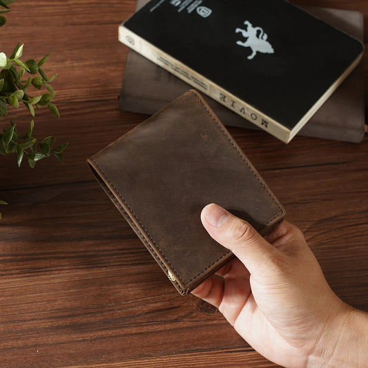 High Quality Hot Sale RFID Blocking Custom Genuine Cow Leather Short Zipper Men Wallet Dark Brown Crazy Horse Leather Wallet