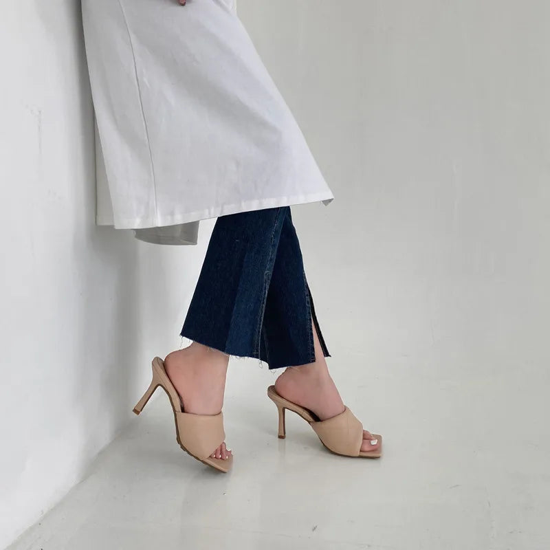 Eilyken Summer New Women Slipper Peep Toe Thin High Heel Sandal Shoes Ladies High Quality PU Leather Slides Pumps