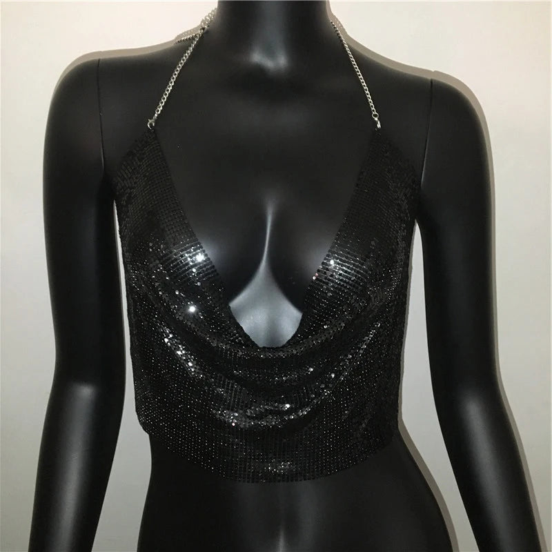 AKYZO Women 2025 Sexy Metal Sequined Tank Camis Summer Gold Silver Backless Cropped Glitter Beach Club Show Wear Tank Tops
