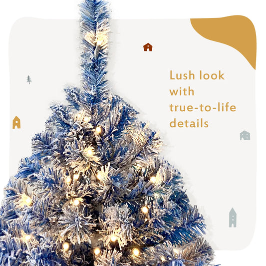 6FT Hinged LED Christmas Tree PET Material Snow Flocked Artificial Holiday Fir Tree with 750 Branches Xmas Ornaments
