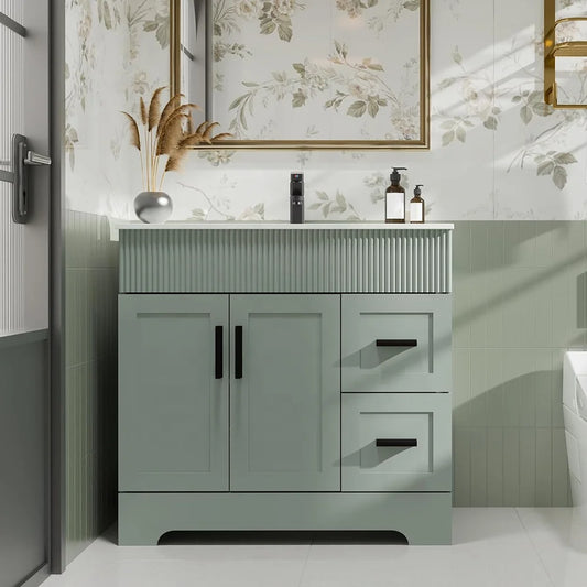 36" Green Bathroom Vanities Combo Set Wave Lines Modern Bathroom Cabinet Vanity Modern Style Bathroom Cabinets for Sale