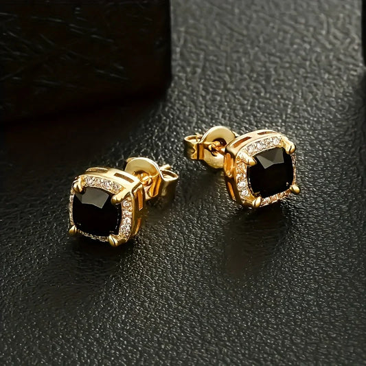 USA Square Black Stud Rectangle 5A+ Cubic ZIRCON 14K Gold Plated Jewelry Aretes De Hombre CZ Diamond Earrings for Men Women