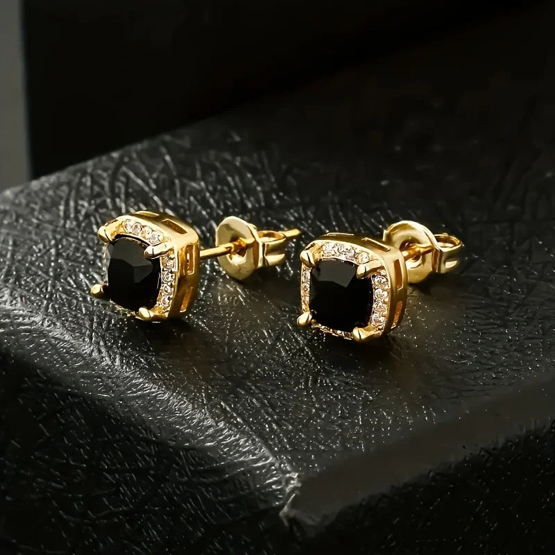 USA Square Black Stud Rectangle 5A+ Cubic ZIRCON 14K Gold Plated Jewelry Aretes De Hombre CZ Diamond Earrings for Men Women