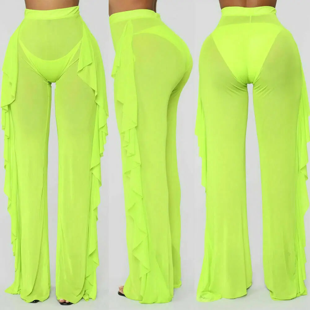 New 2020 Summer Women Beach Mesh Ruffle Sheer Wide Leg Pants Trousers Bikini Cover Up