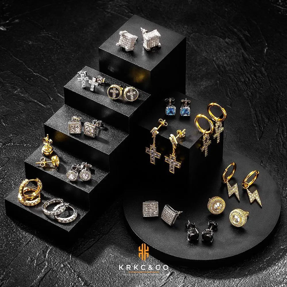 USA Square Black Stud Rectangle 5A+ Cubic ZIRCON 14K Gold Plated Jewelry Aretes De Hombre CZ Diamond Earrings for Men Women