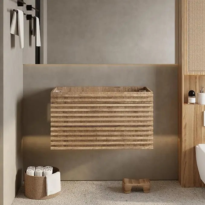 24" 30" 36" Mid-Century Wall Mounted Big Drawer Cabinet Wood Stripes Style Floating Bathroom Vanity with Ceramic Sink