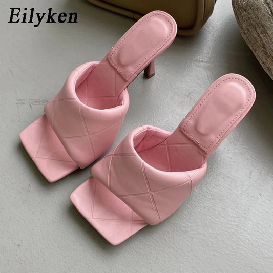 Eilyken Summer New Women Slipper Peep Toe Thin High Heel Sandal Shoes Ladies High Quality PU Leather Slides Pumps