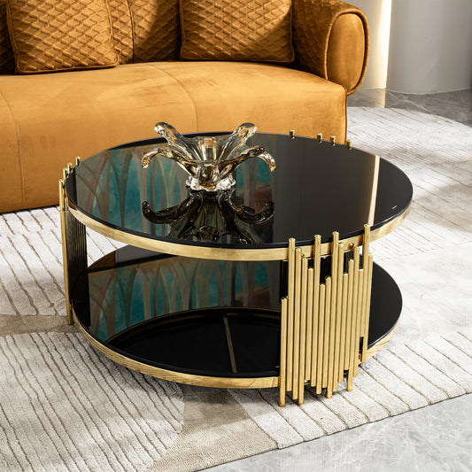 Hotel Luxury Round Shape Glass Top Coffee Table Round for Living Room Black and Gold Home Furniture Stainless Steel Tea Table
