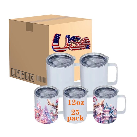 USA Warehouse 25Pack 12 oz 12oz Stainless Steel Sublimation Blanks Coffee Tumbler Camp Mug With Handle for Sublimation