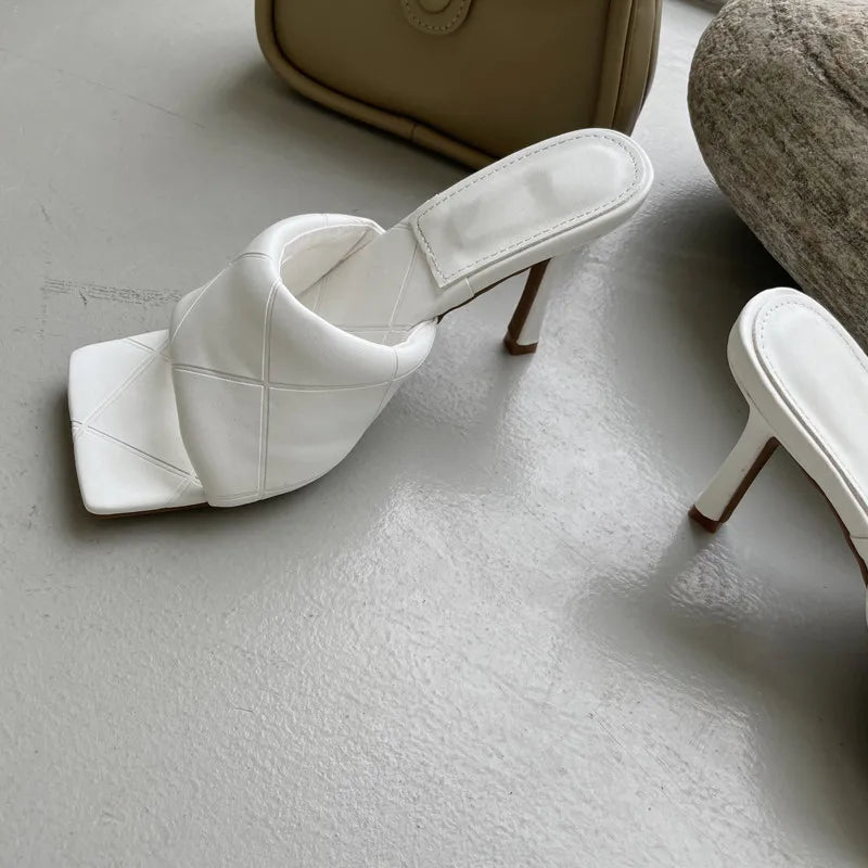 Eilyken Summer New Women Slipper Peep Toe Thin High Heel Sandal Shoes Ladies High Quality PU Leather Slides Pumps