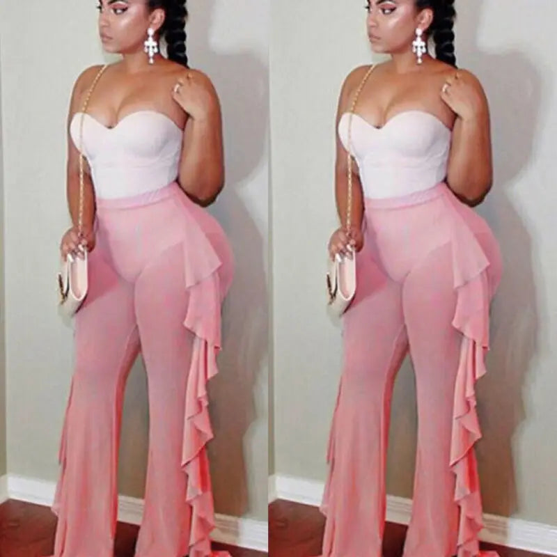 New 2020 Summer Women Beach Mesh Ruffle Sheer Wide Leg Pants Trousers Bikini Cover Up