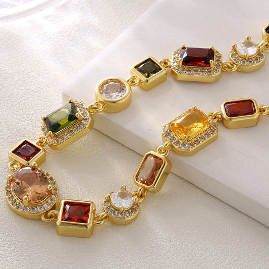 Vintage 18K Gold Plated Gemstone Hand Chain Multi Colored Gem Stone JEWELRY Cubic Zirconia Colorful CZ Bracelet for WOMEN MEN