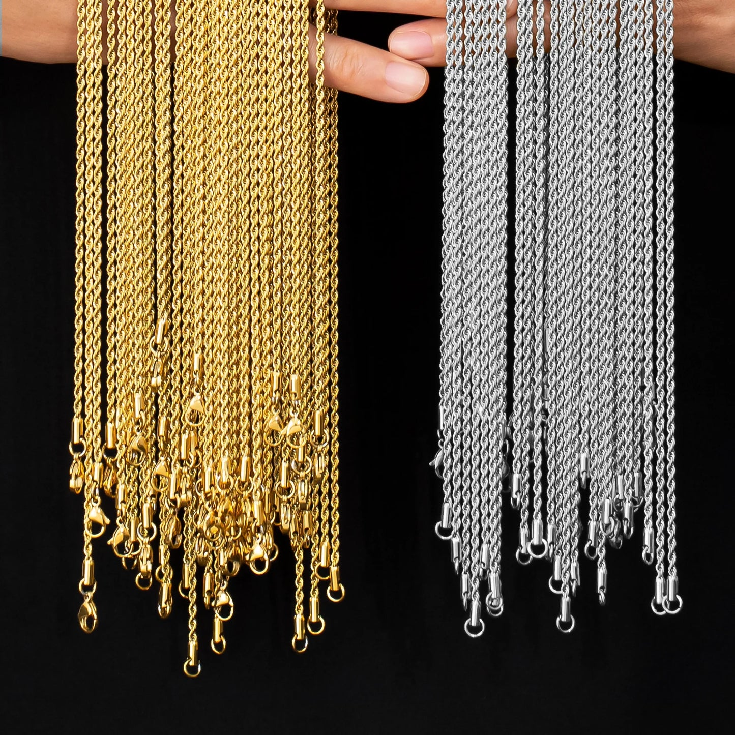 USA Warehouse 3mm Rope Necklace Fashion Jewelry Stainless Steel Twist Link 18k Real Gold Silver Plated Rope Chain for Men Women