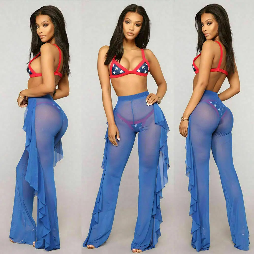New 2020 Summer Women Beach Mesh Ruffle Sheer Wide Leg Pants Trousers Bikini Cover Up