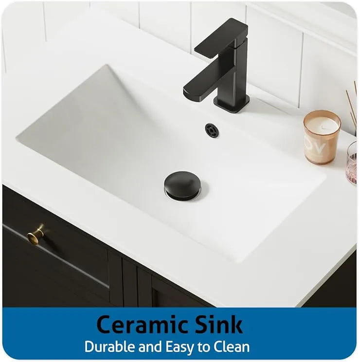 24" 30" 36" Mid-Century Wall Mounted Big Drawer Cabinet Wood Stripes Style Floating Bathroom Vanity with Ceramic Sink