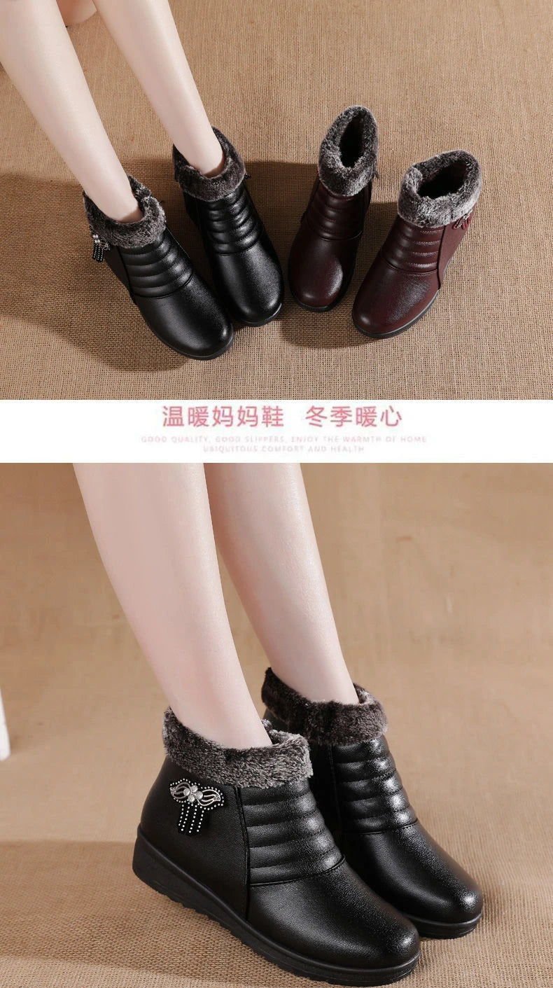 2025 Winter Women Shoes Woman Leather Waterproof Flat Ankle Boots Elderly Plus Size Plush Warm Snow Boots Mother Cotton Shoes