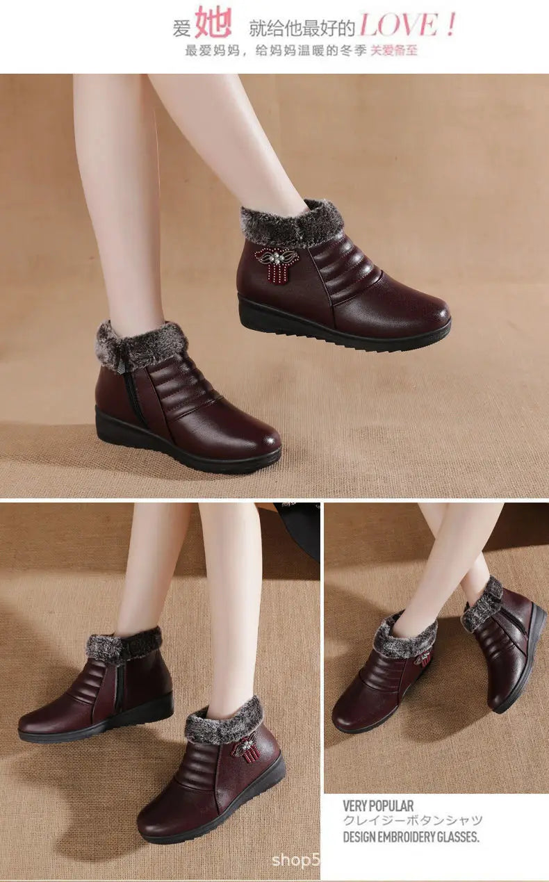 2025 Winter Women Shoes Woman Leather Waterproof Flat Ankle Boots Elderly Plus Size Plush Warm Snow Boots Mother Cotton Shoes