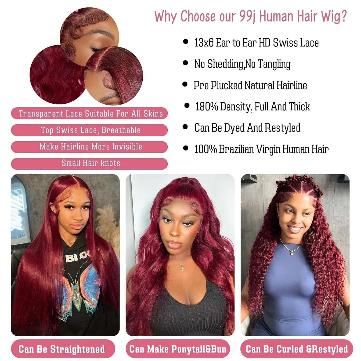 13x6 Lace Front Wigs Human Hair 200% Density 99j Burgundy Lace Front Wigs Human Hair 28 inch Body Wave Lace Front Wigs Brazilian