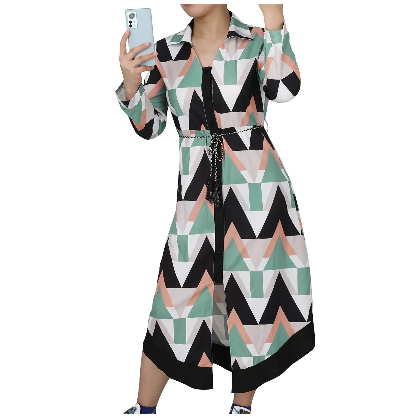 Women'S New Fashion Long Sleeve Printed Shirt Skirt Women'S Long Dress Temperament Commuter Round Neck Women'S A-Line Skirt