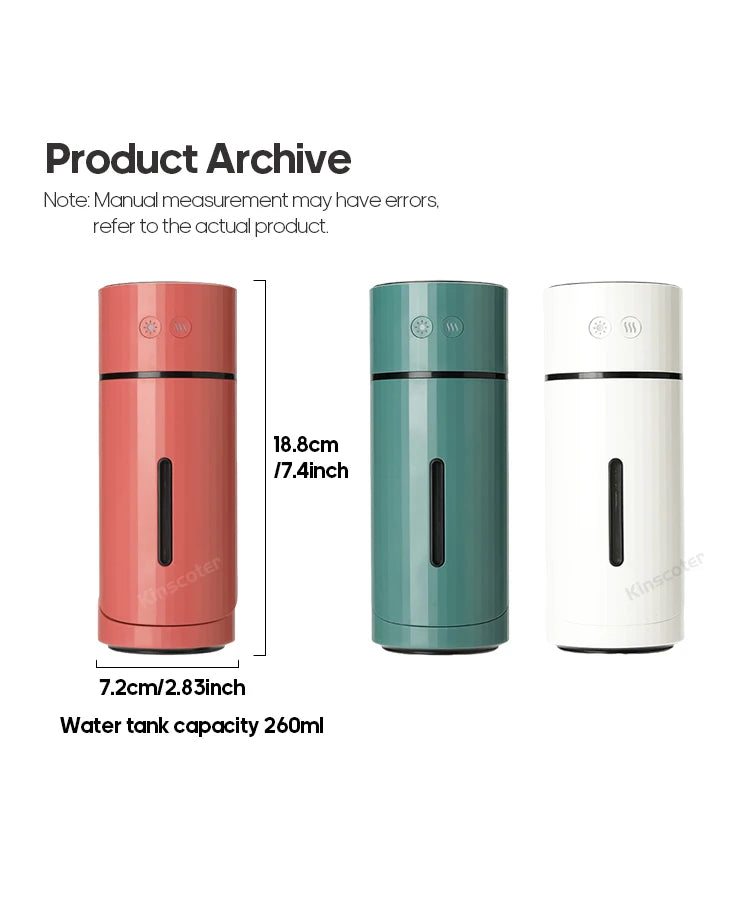 260ML Wireless Air Humidifier USB Aromatherapy Diffuser 1000mAh Rechargeable Battery Ultrasonic Cool Mist Maker Quiet Fogger
