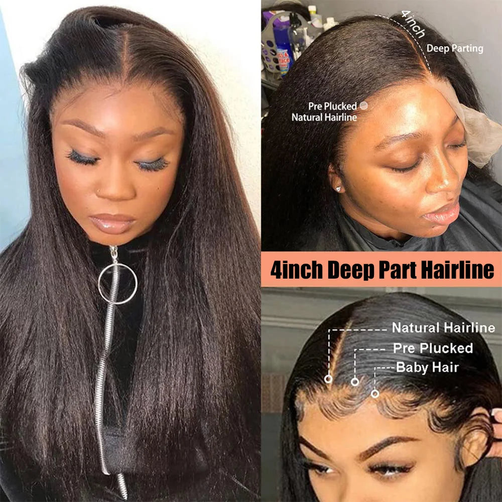 Kinky Straight Lace Front Wigs Human Hair 13x4 Yaki Straight Human Hair Lace Front Wigs Pre Plucked Transparent Wigs 12"-30"