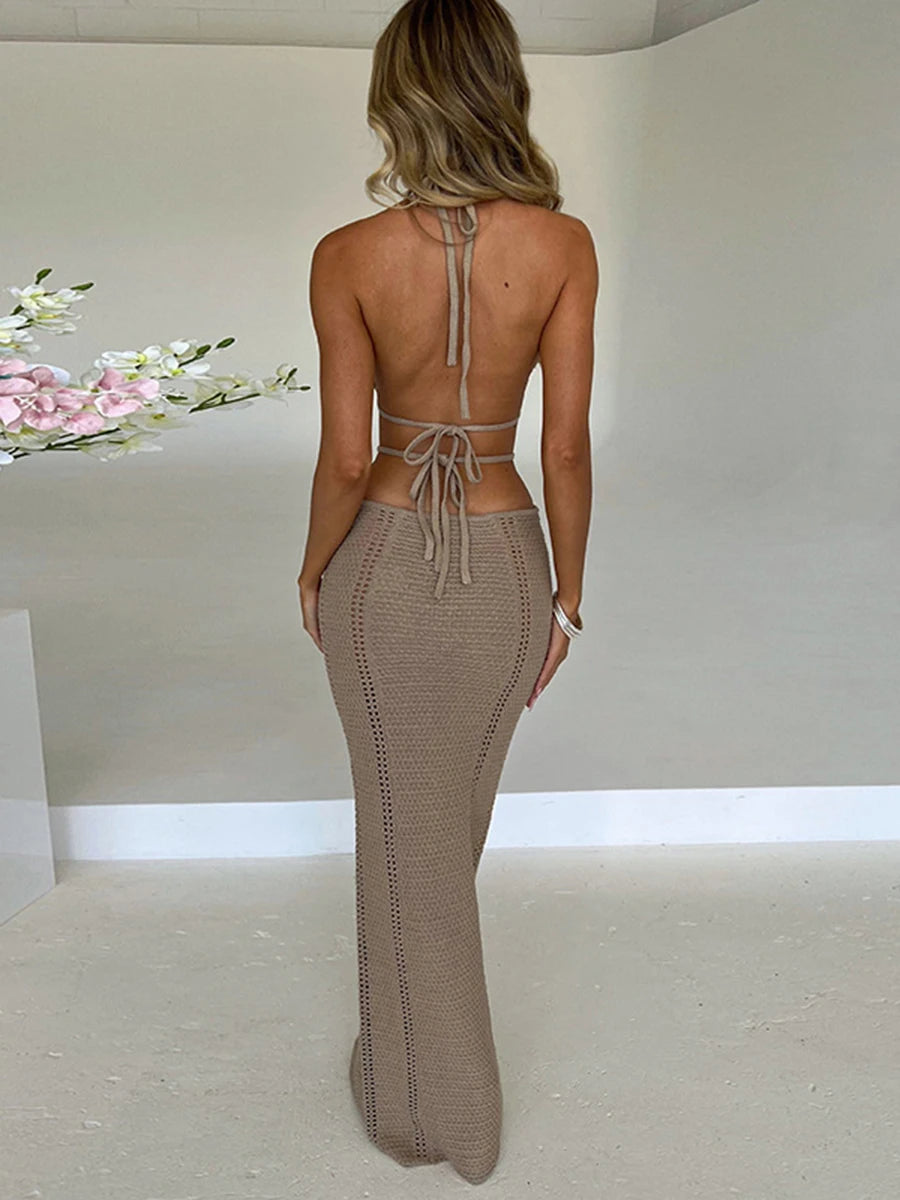 Women Halter Bodycon Long Dress Sexy Hollow Out Open Back Sleeveless Backless Knit Beach Dress Slim Fit Clubwear