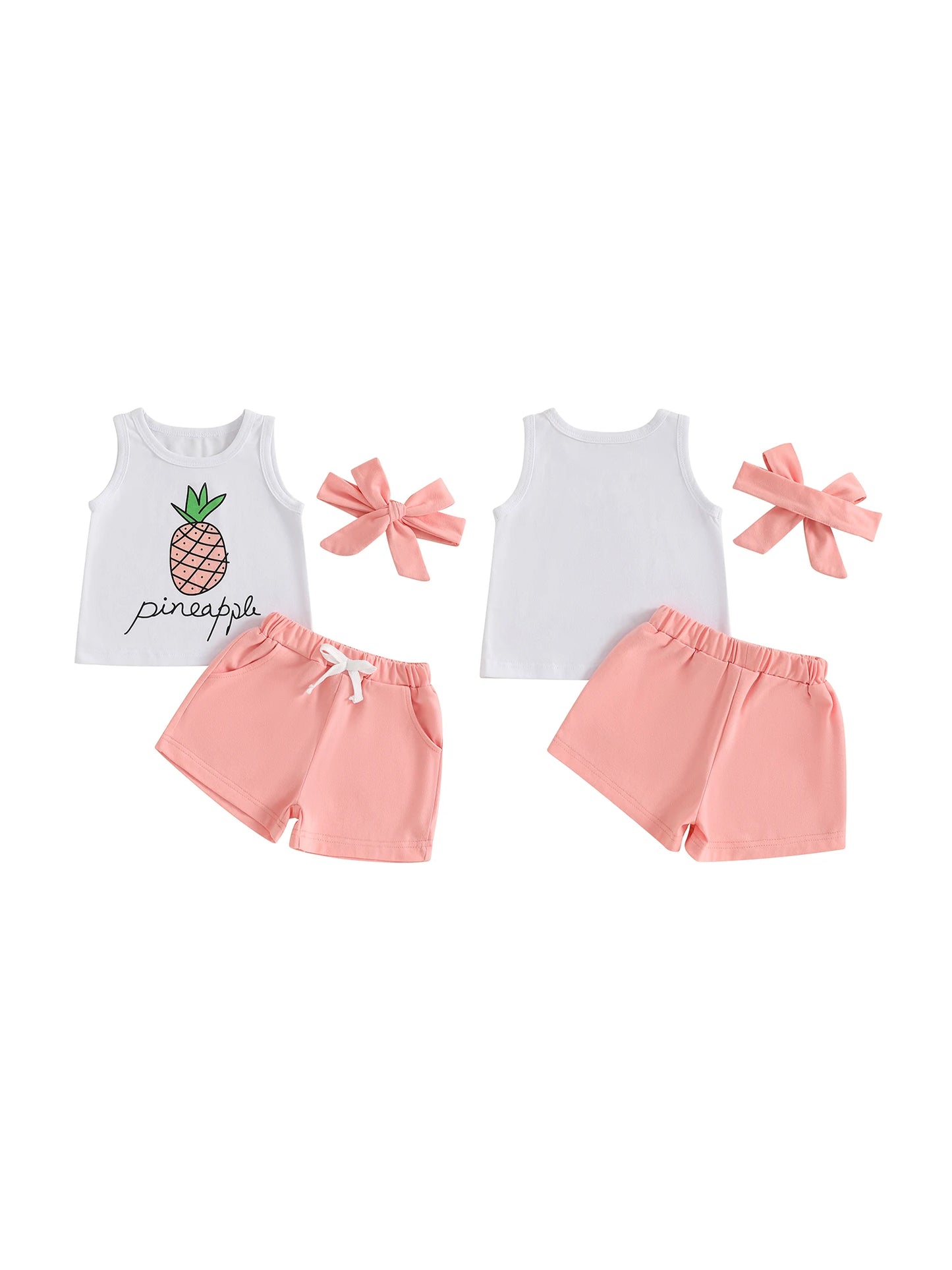 Adorable Infant Girl Tropical Print Sleeveless Top Elastic Waist Shorts Matching Headband 3 Piece Outfit Set for Summer